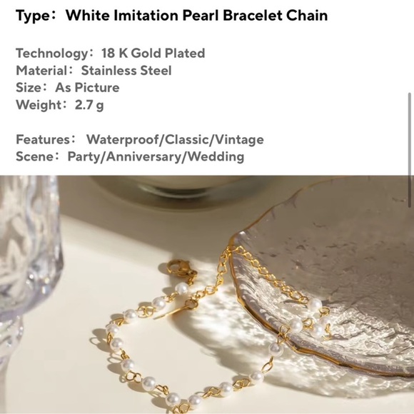 Anthropologie 18K Gold Stainless Steel Waterproof Pearl Finger Bracelet - Picture 4 of 6